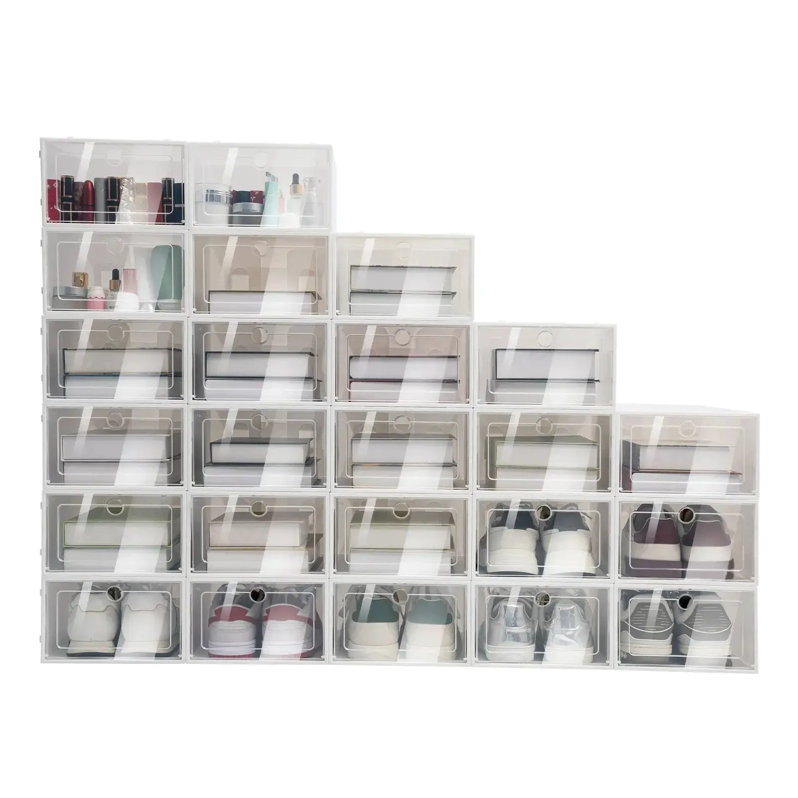 20/24PCS Foldable Shoe Storage Boxes, Stackable Clear Plastic Shoe Organizer Containers, 33×23×14 cm for Home Use