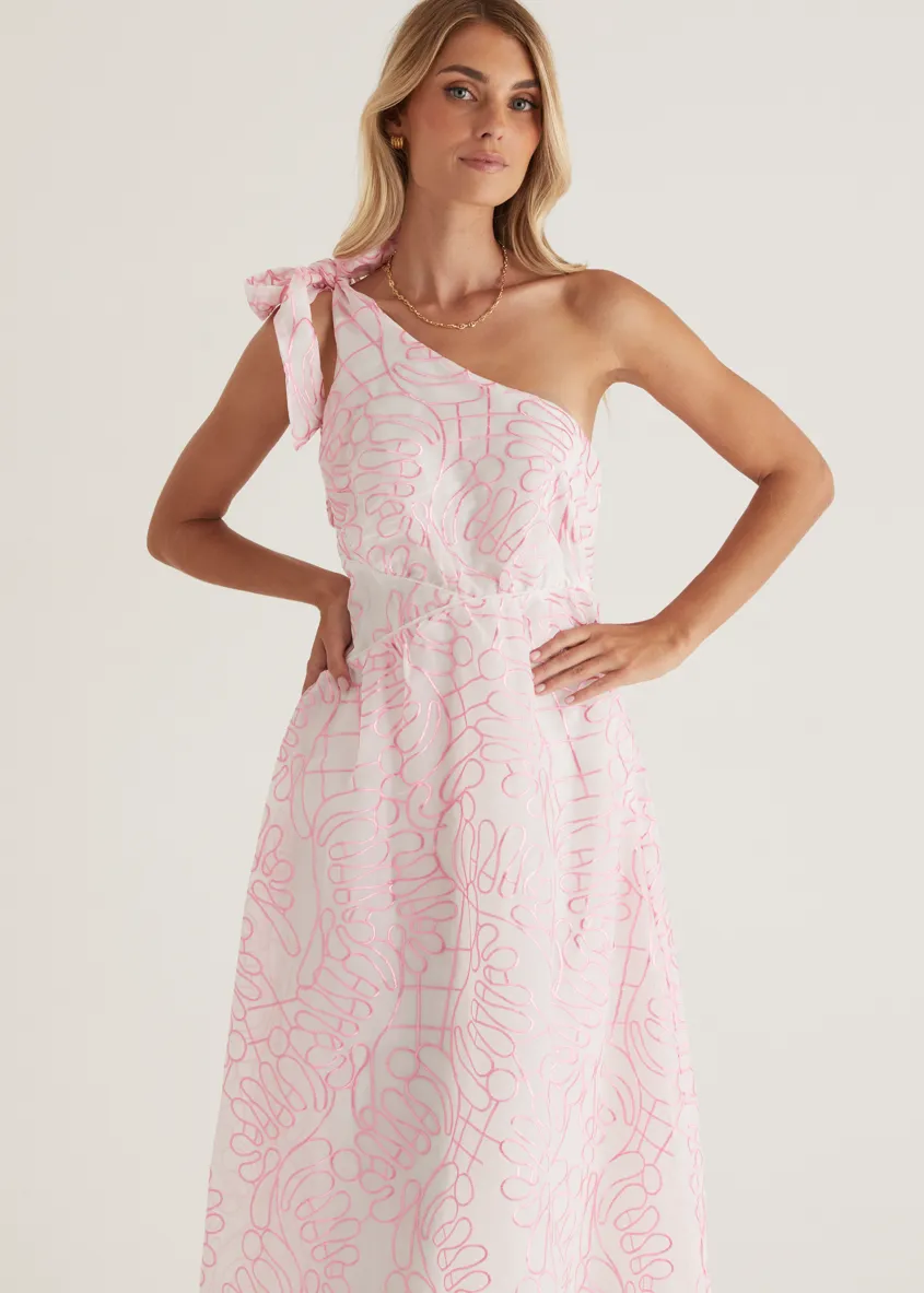 Amalfi One Shoulder Midi Dress - Pink Embroidered