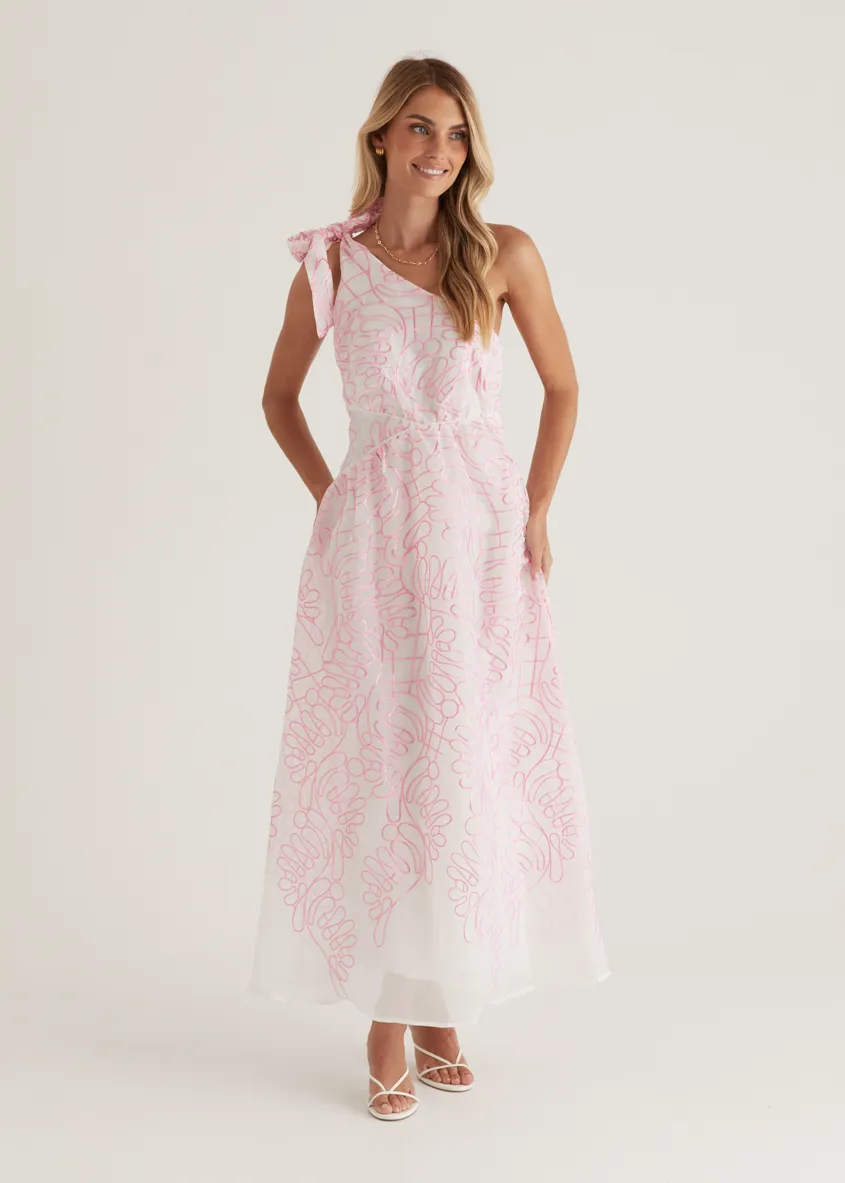 Amalfi One Shoulder Midi Dress - Pink Embroidered