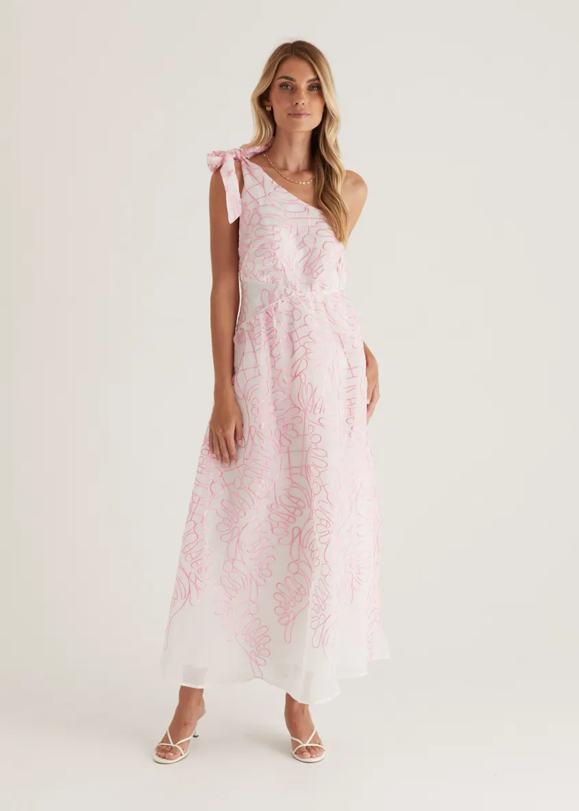 Amalfi One Shoulder Midi Dress - Pink Embroidered