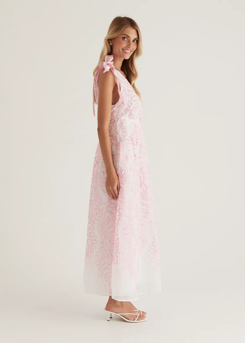 Amalfi One Shoulder Midi Dress - Pink Embroidered