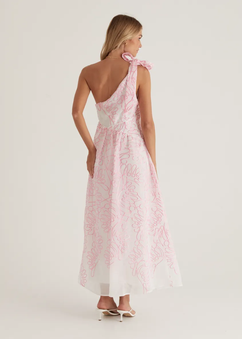 Amalfi One Shoulder Midi Dress - Pink Embroidered