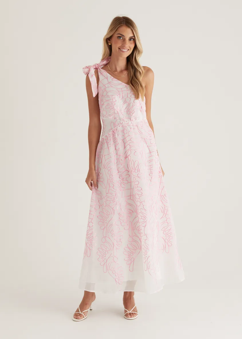 Amalfi One Shoulder Midi Dress - Pink Embroidered