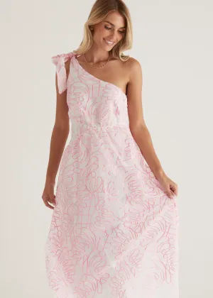 Amalfi One Shoulder Midi Dress - Pink Embroidered