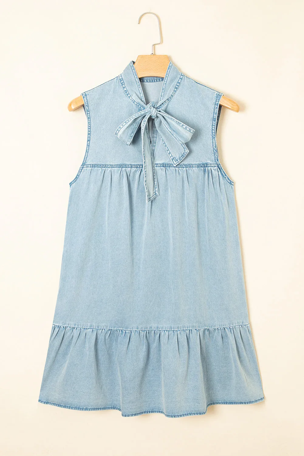 Beau Blue Bowknot Neck Sleeveless Ruffled Chambray Dress