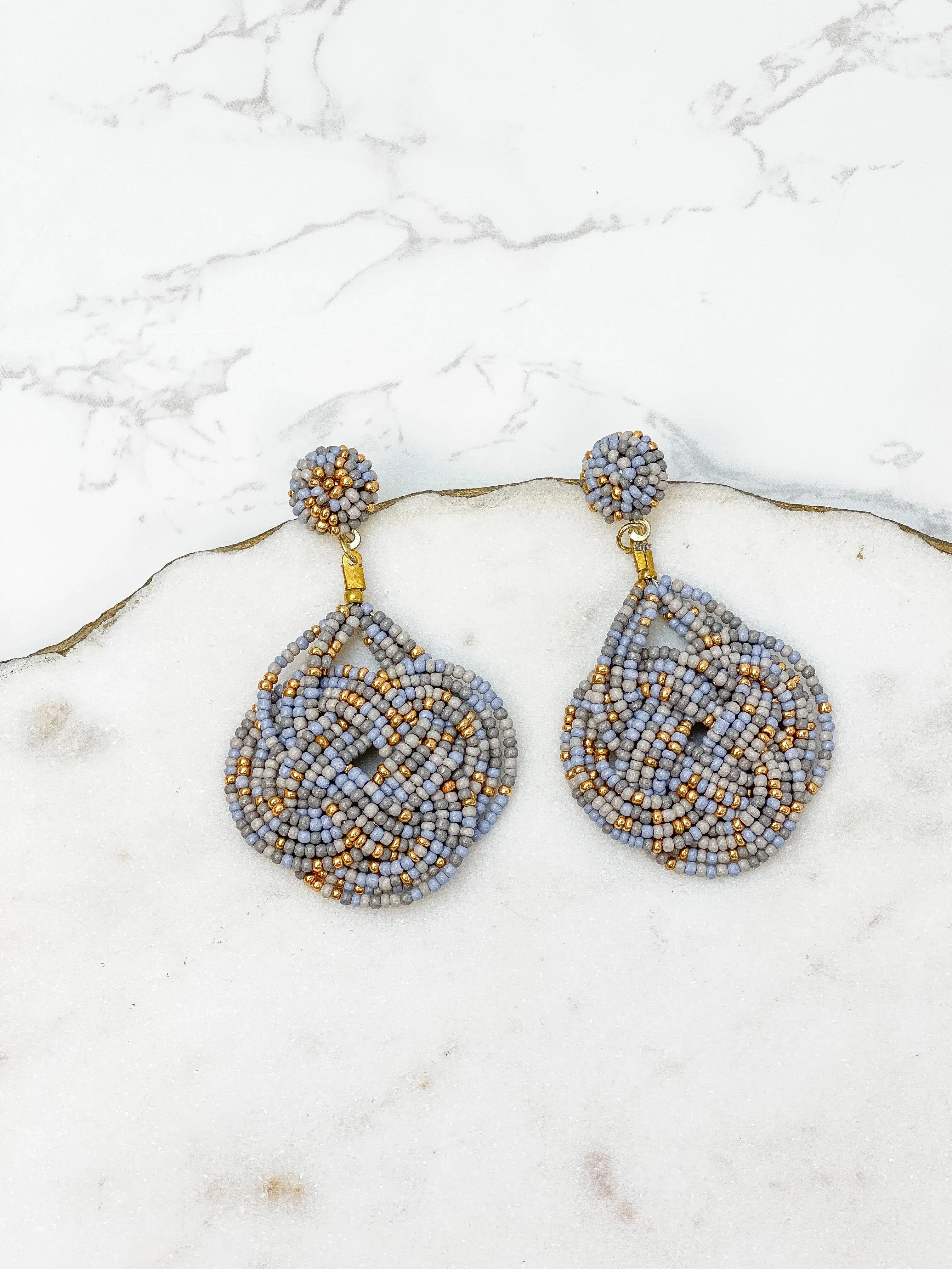 Braided Teardrop Beaded Dangle Earrings - Gray