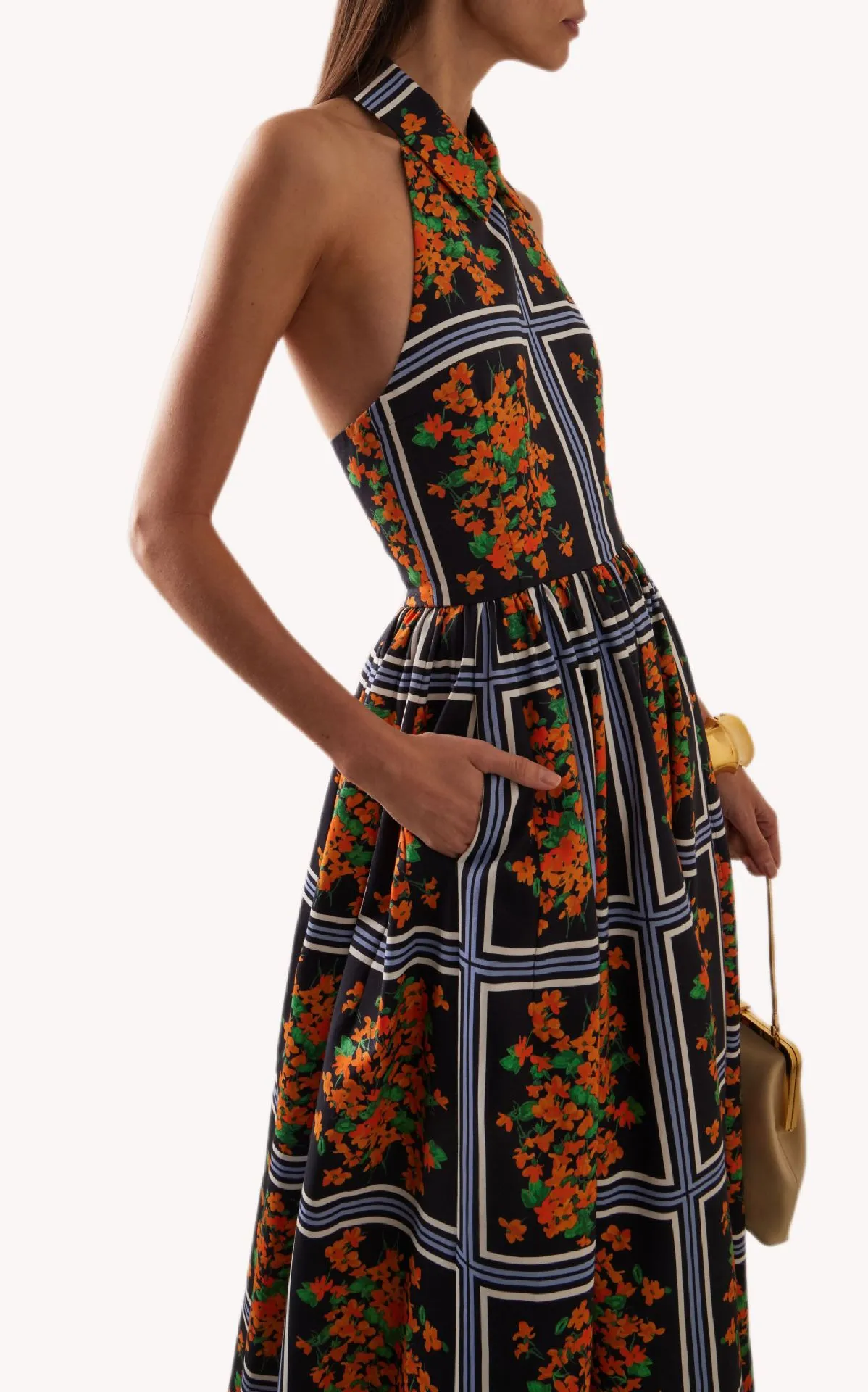 Chic Halter Neck Backless Printed Maxi Dress with Collar