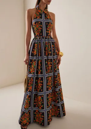Chic Halter Neck Backless Printed Maxi Dress with Collar