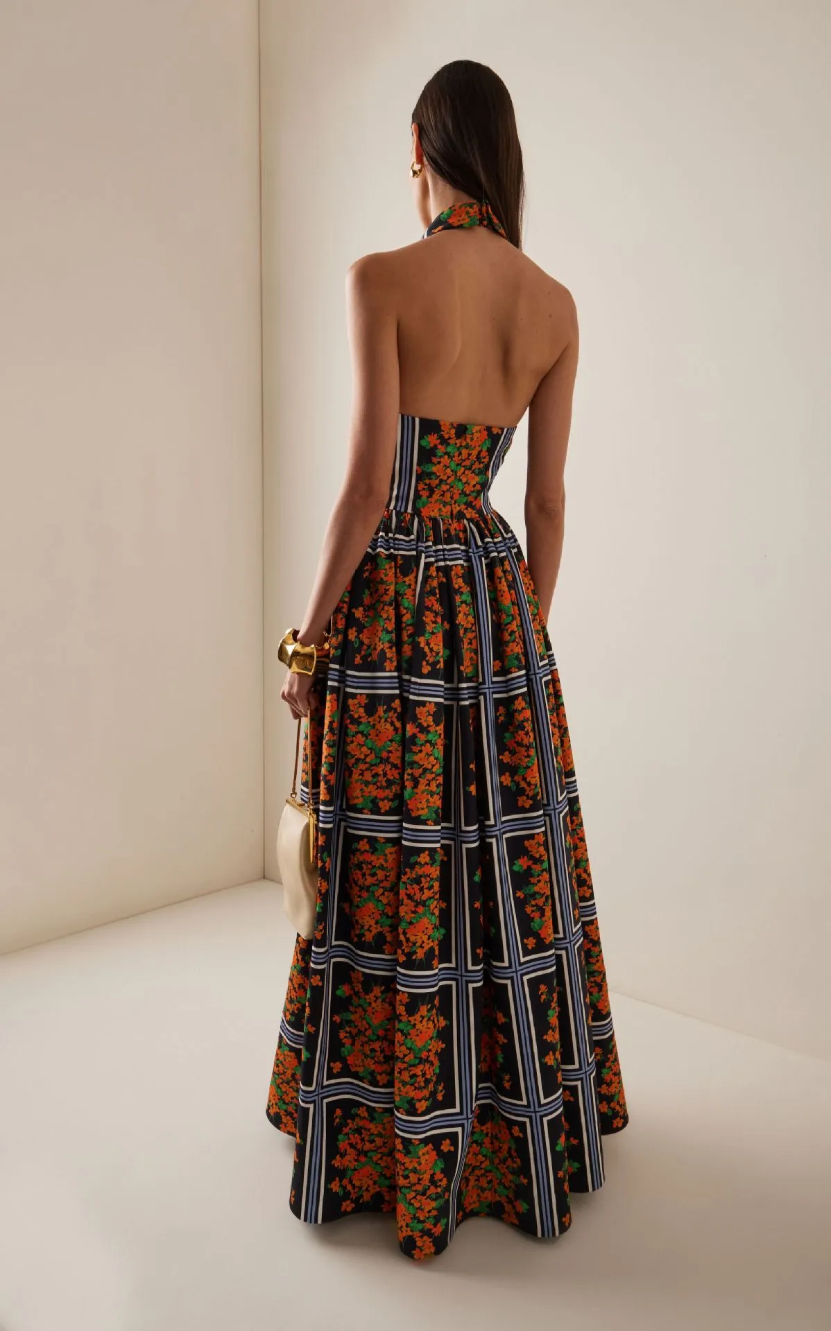 Chic Halter Neck Backless Printed Maxi Dress with Collar
