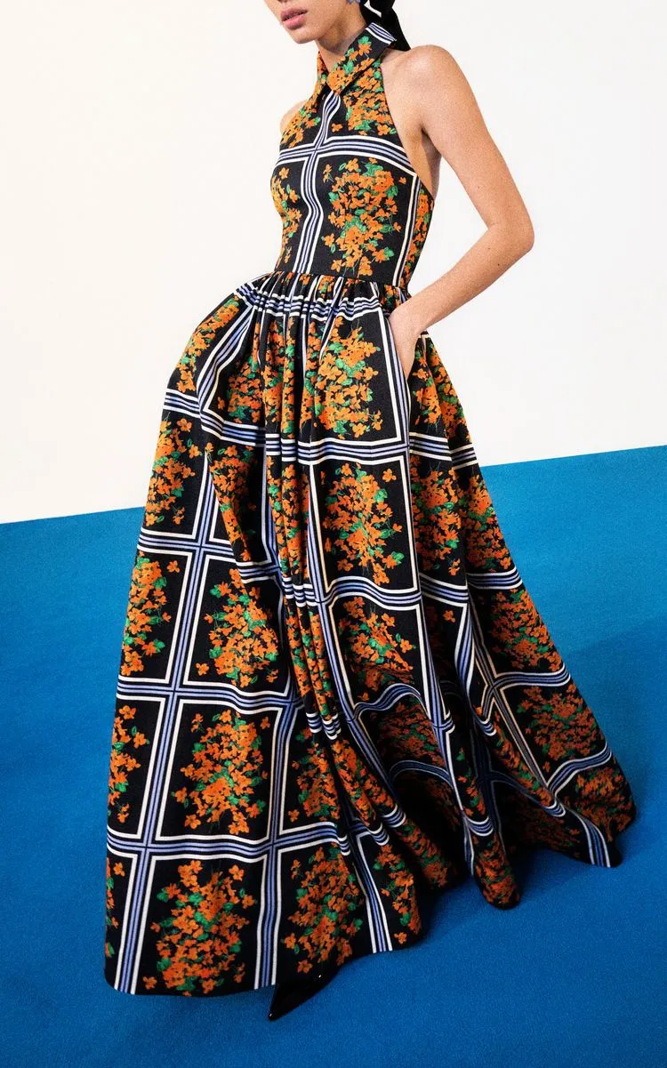 Chic Halter Neck Backless Printed Maxi Dress with Collar