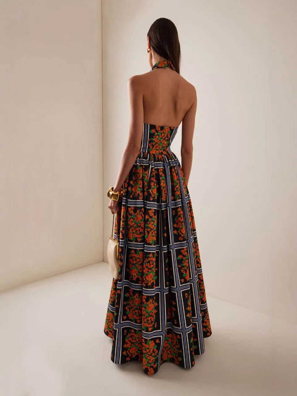 Chic Halter Neck Backless Printed Maxi Dress with Collar