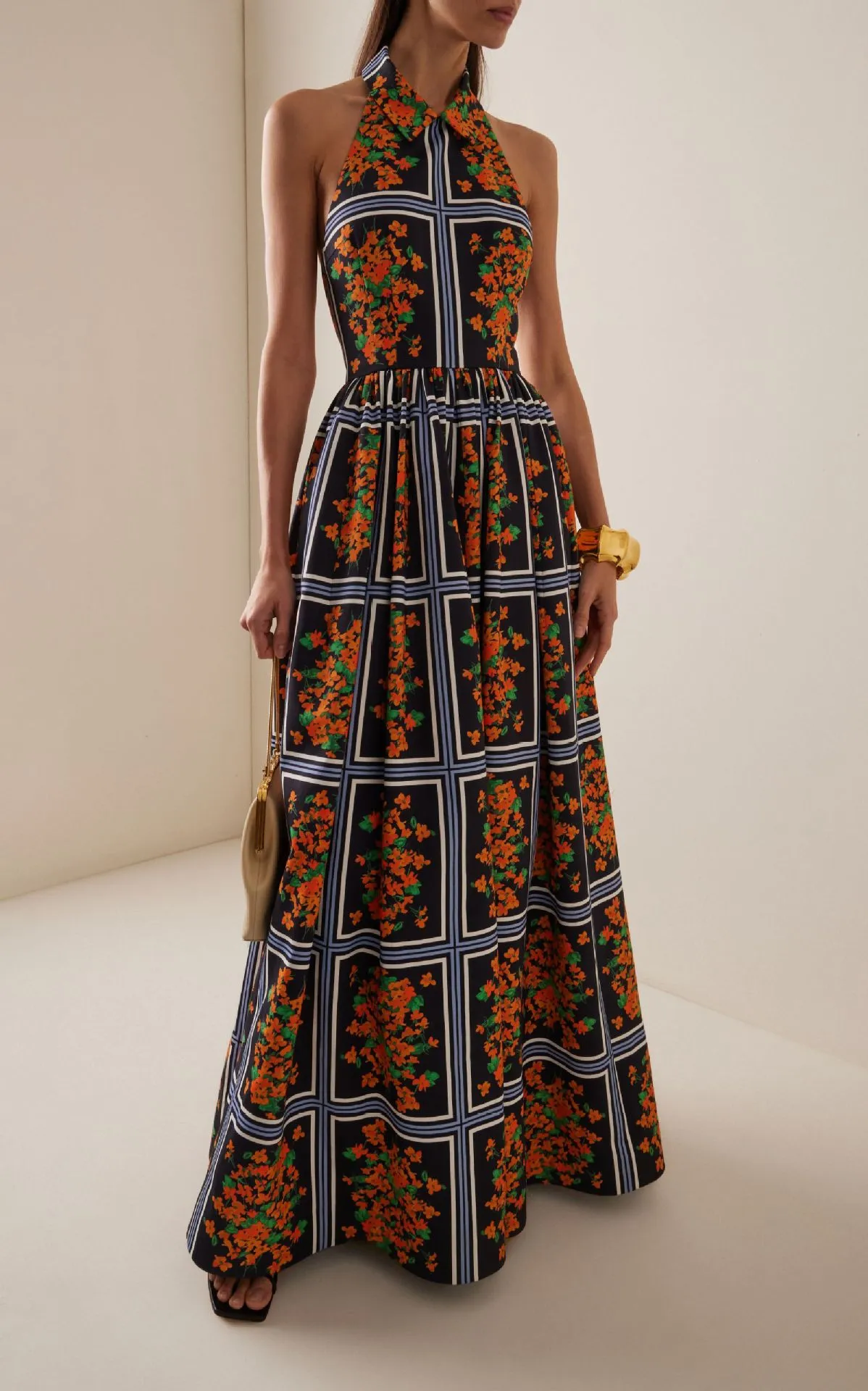 Chic Halter Neck Backless Printed Maxi Dress with Collar