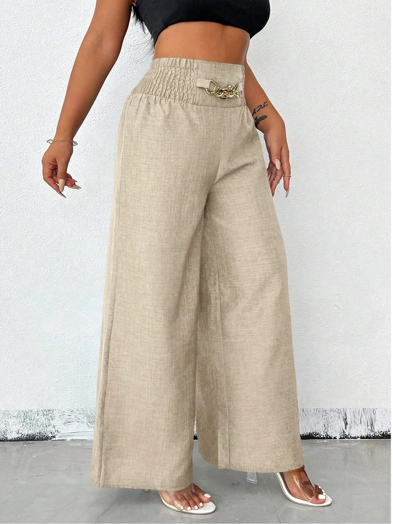 Chic High-Waisted Wide-Leg Pants with Chain Accent