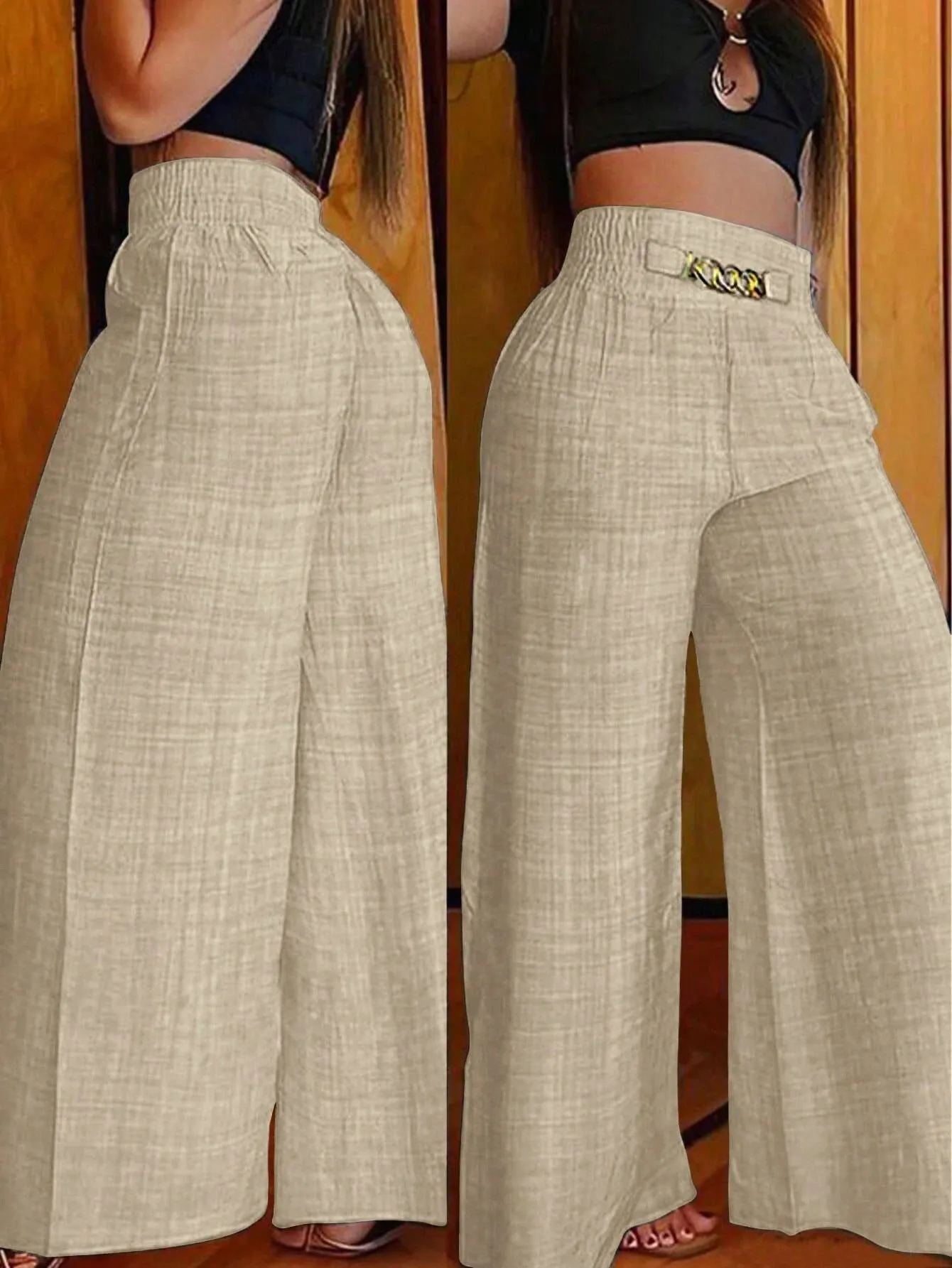 Chic High-Waisted Wide-Leg Pants with Chain Accent