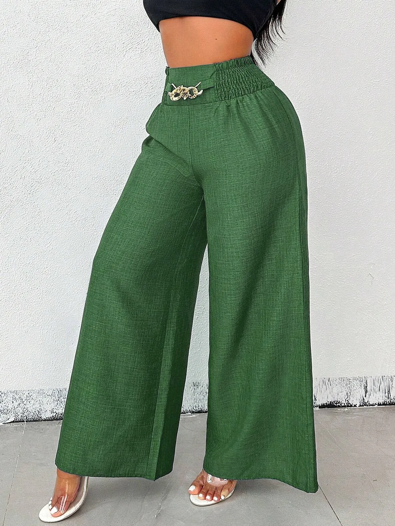 Chic High-Waisted Wide-Leg Pants with Chain Accent