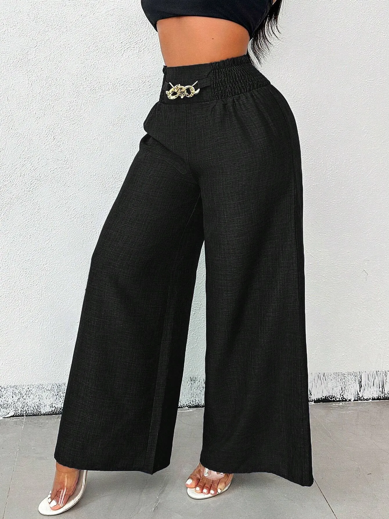 Chic High-Waisted Wide-Leg Pants with Chain Accent