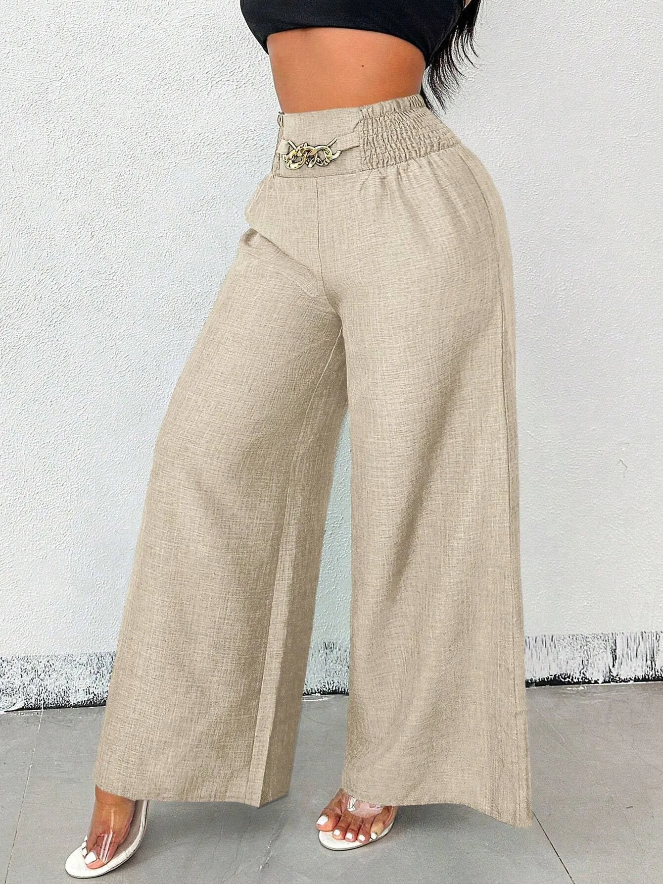 Chic High-Waisted Wide-Leg Pants with Chain Accent