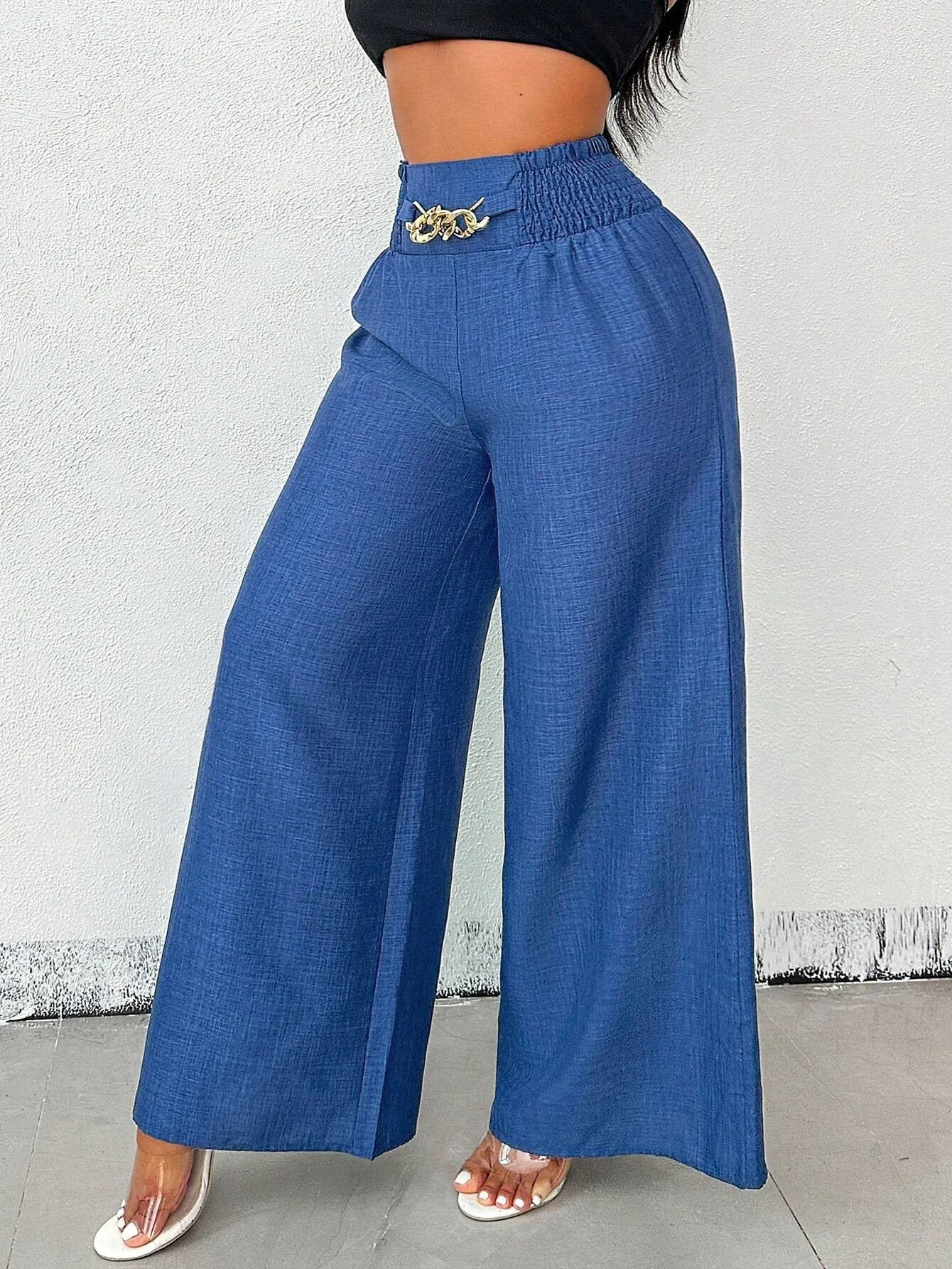 Chic High-Waisted Wide-Leg Pants with Chain Accent