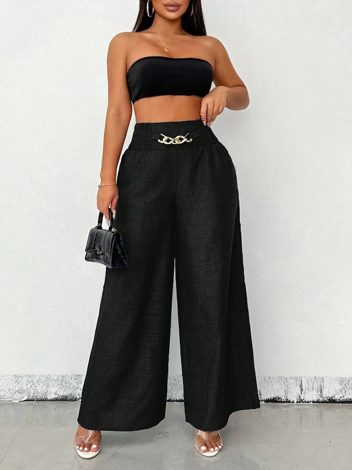 Chic High-Waisted Wide-Leg Pants with Chain Accent
