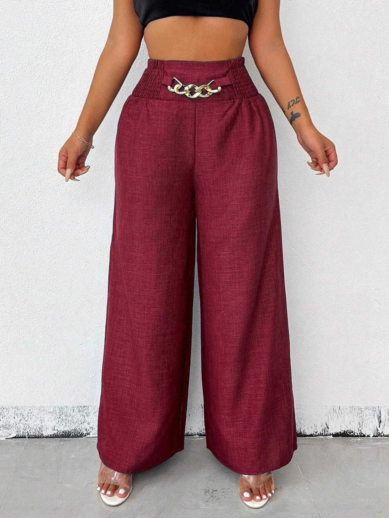 Chic High-Waisted Wide-Leg Pants with Chain Accent