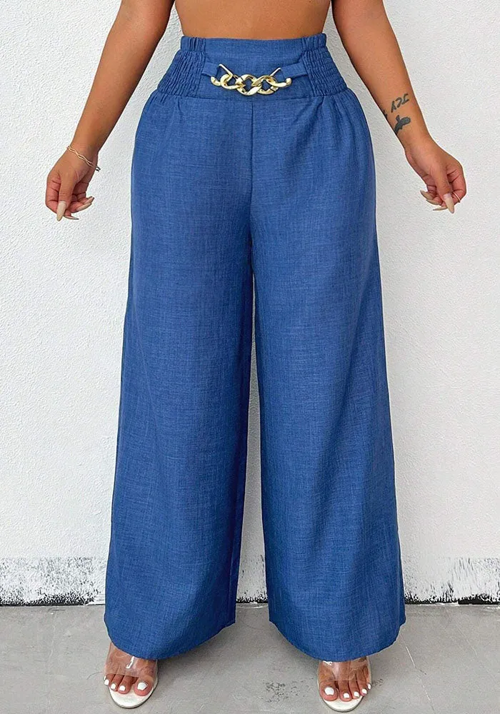 Chic High-Waisted Wide-Leg Pants with Chain Accent