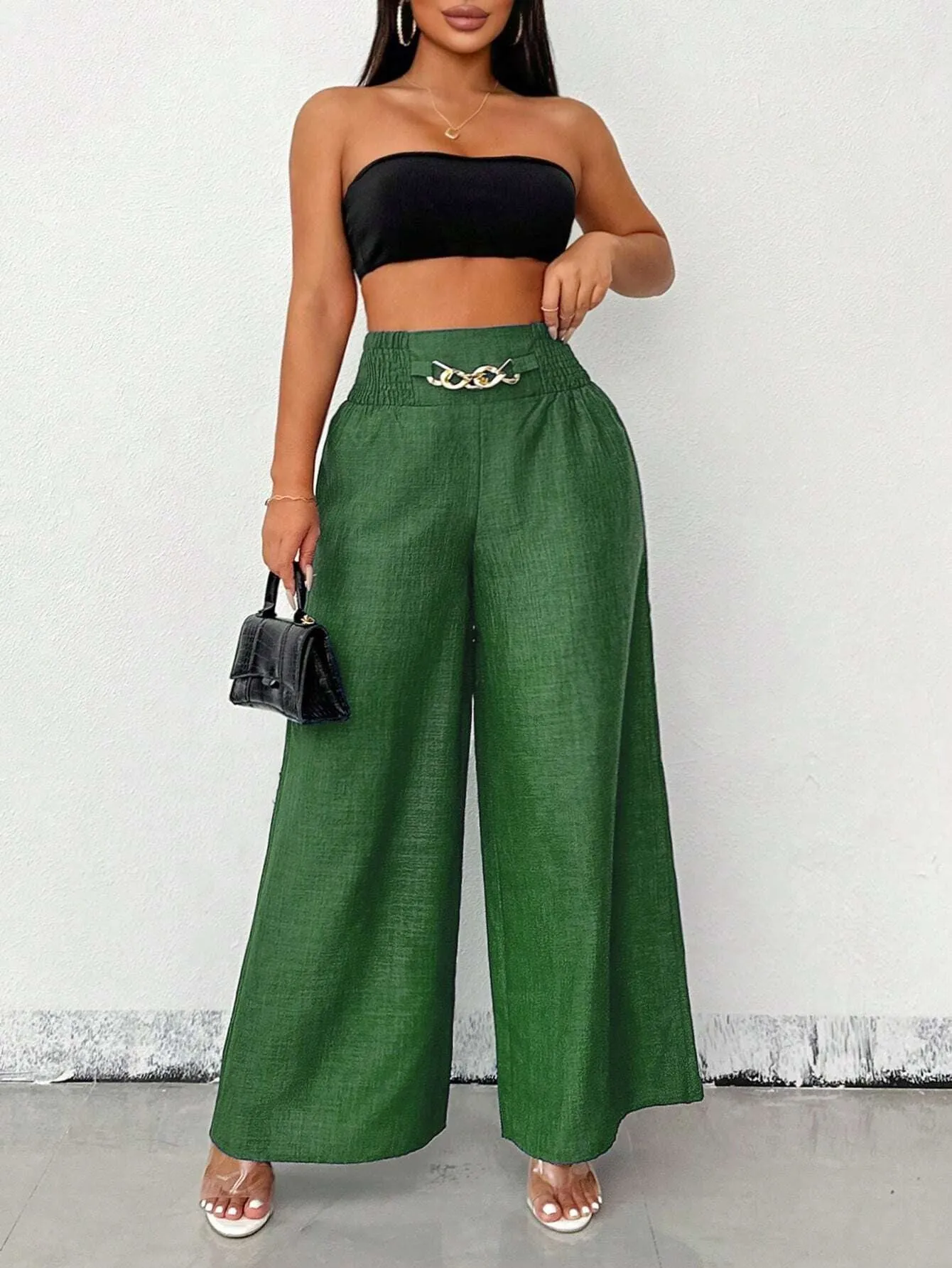 Chic High-Waisted Wide-Leg Pants with Chain Accent