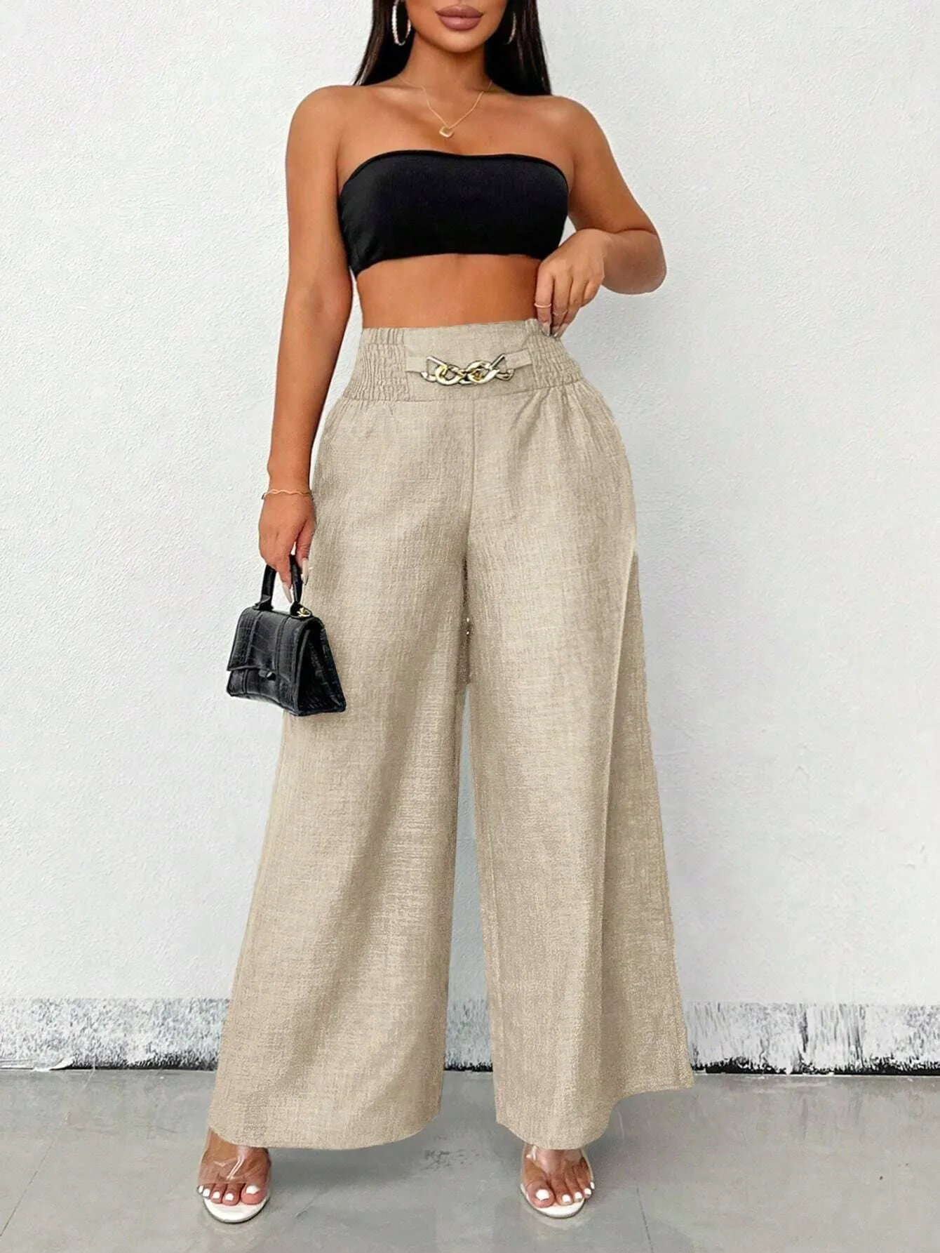 Chic High-Waisted Wide-Leg Pants with Chain Accent