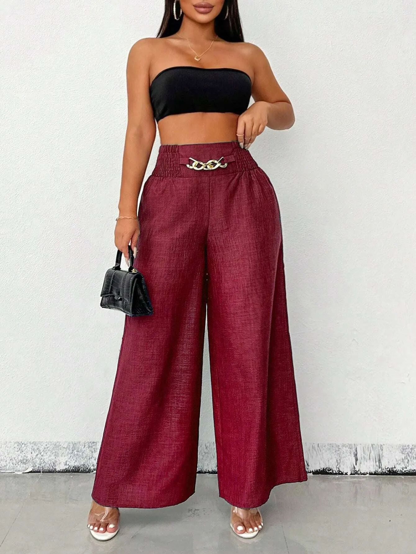 Chic High-Waisted Wide-Leg Pants with Chain Accent