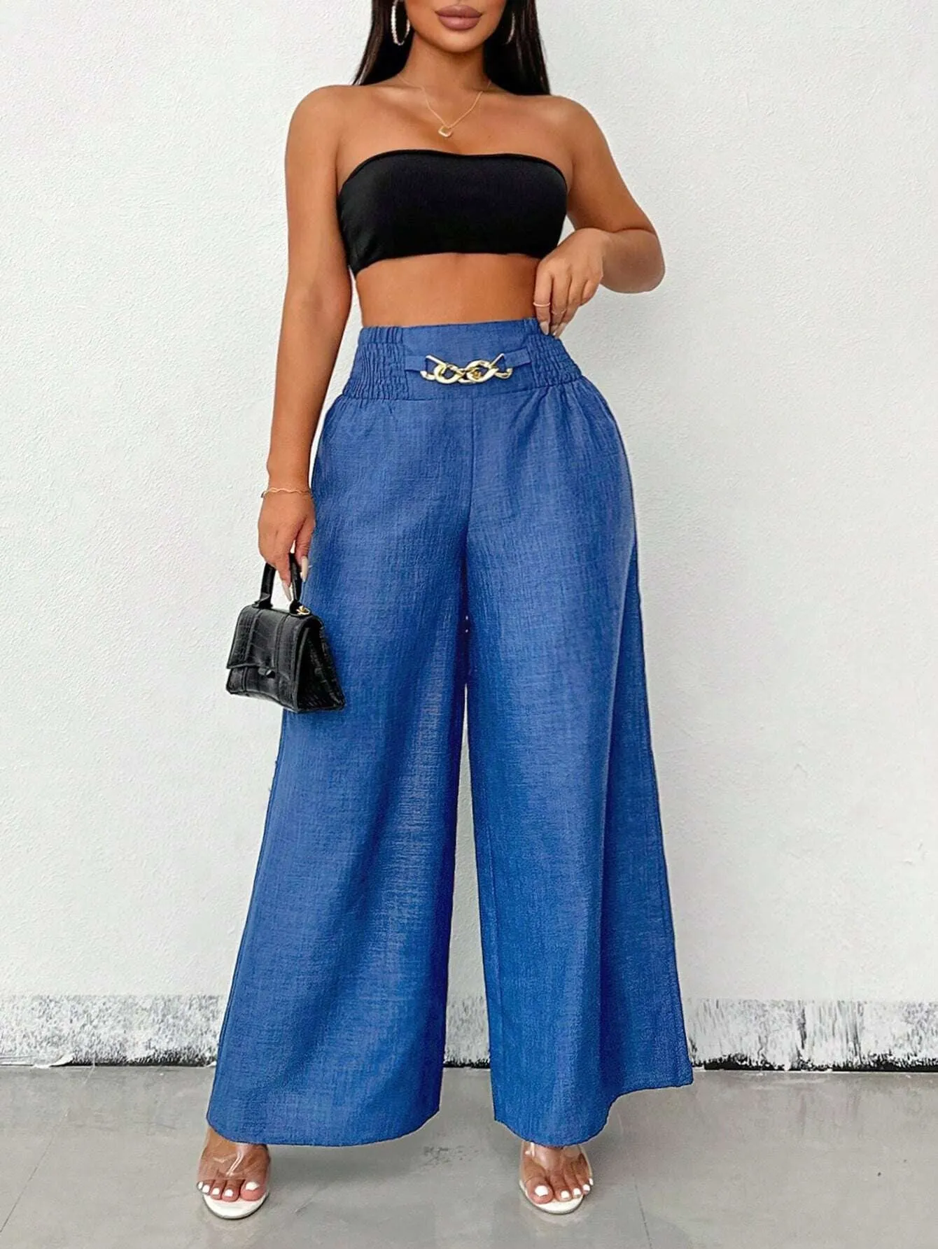 Chic High-Waisted Wide-Leg Pants with Chain Accent