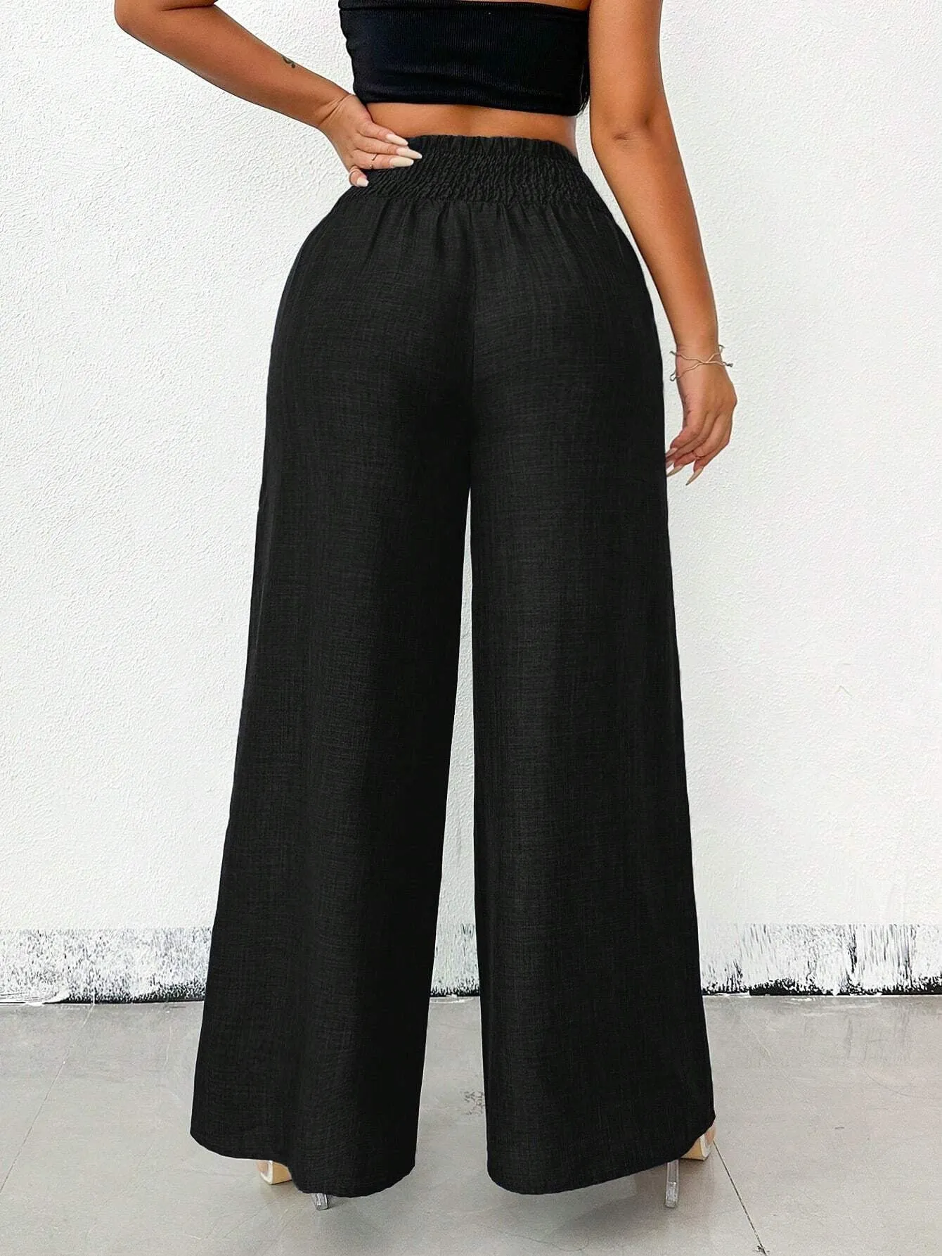 Chic High-Waisted Wide-Leg Pants with Chain Accent