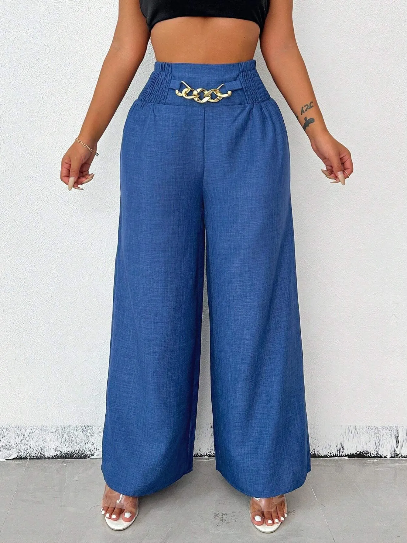 Chic High-Waisted Wide-Leg Pants with Chain Accent