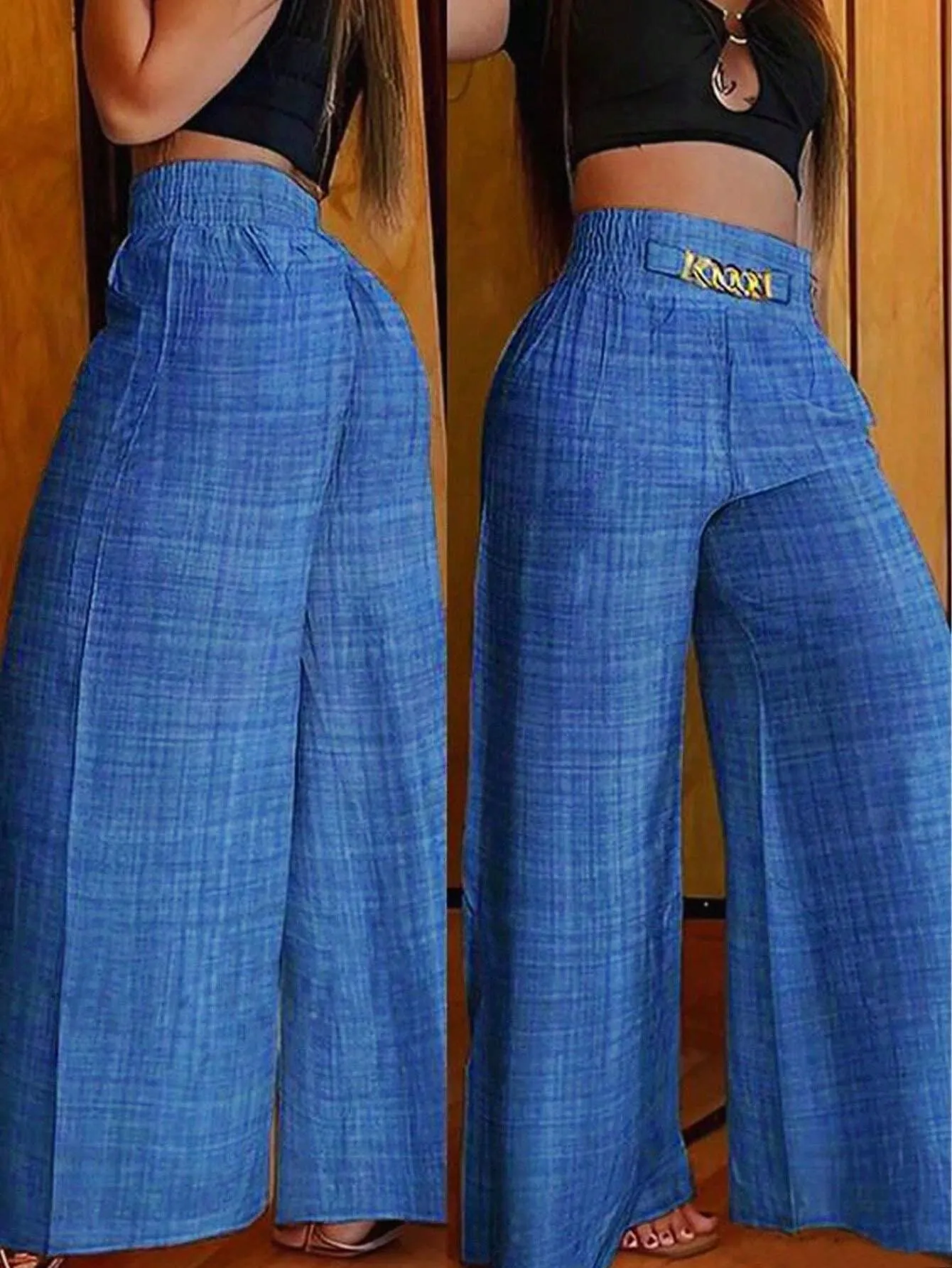 Chic High-Waisted Wide-Leg Pants with Chain Accent