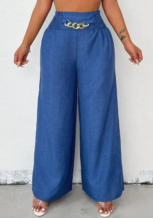 Chic High-Waisted Wide-Leg Pants with Chain Accent