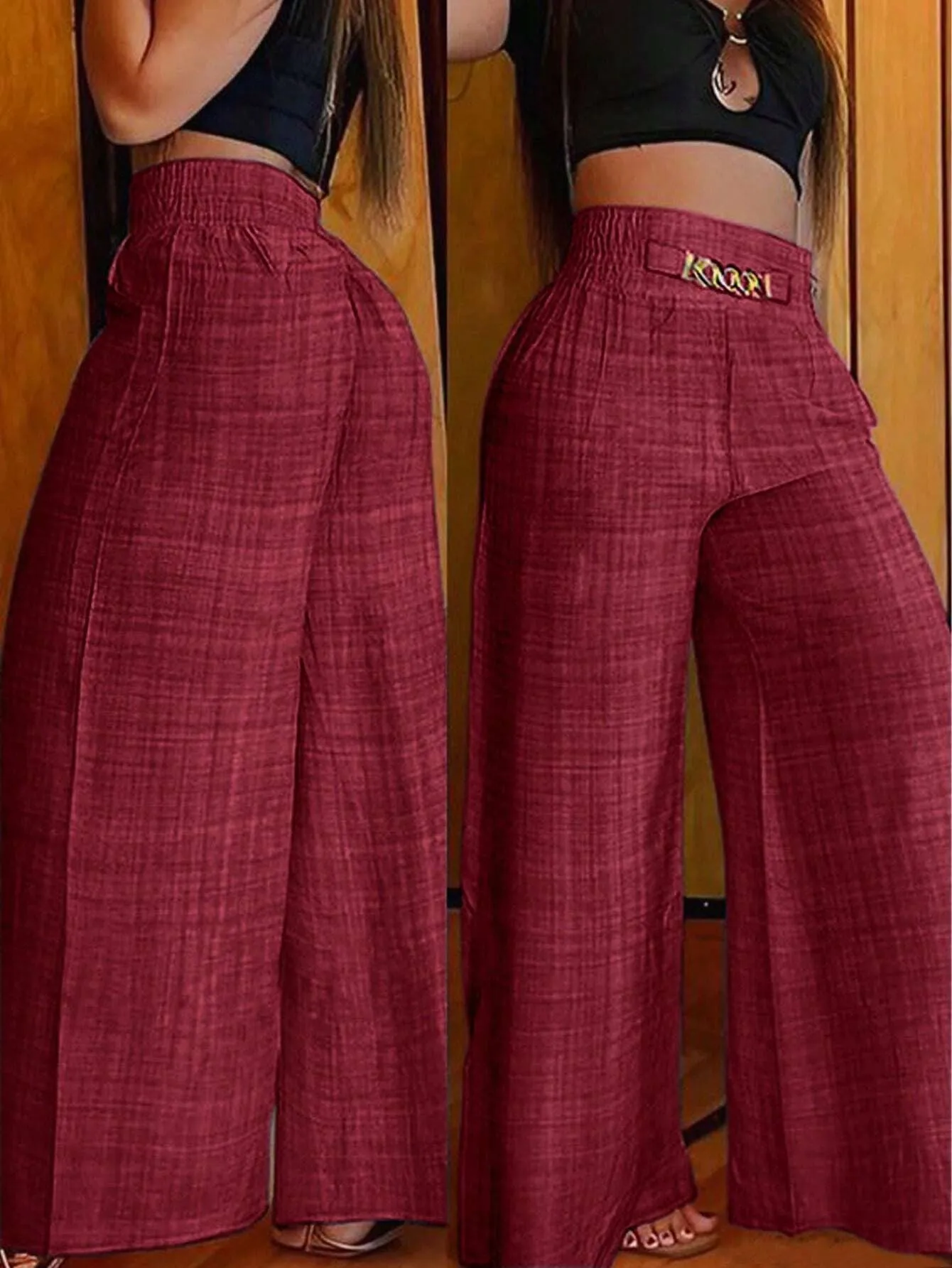 Chic High-Waisted Wide-Leg Pants with Chain Accent
