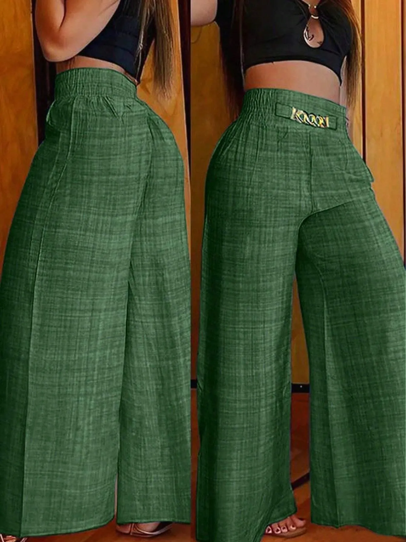 Chic High-Waisted Wide-Leg Pants with Chain Accent