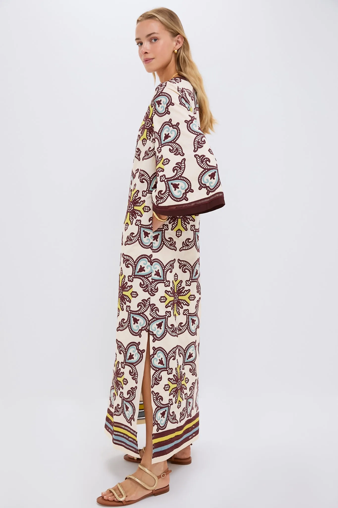 Citron and Slate Blue Embroidered Lorena Caftan