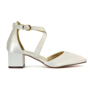Cynthia Pointed Toe Ankle Strap Mid Block Heels Court Shoes in Ivory Satin