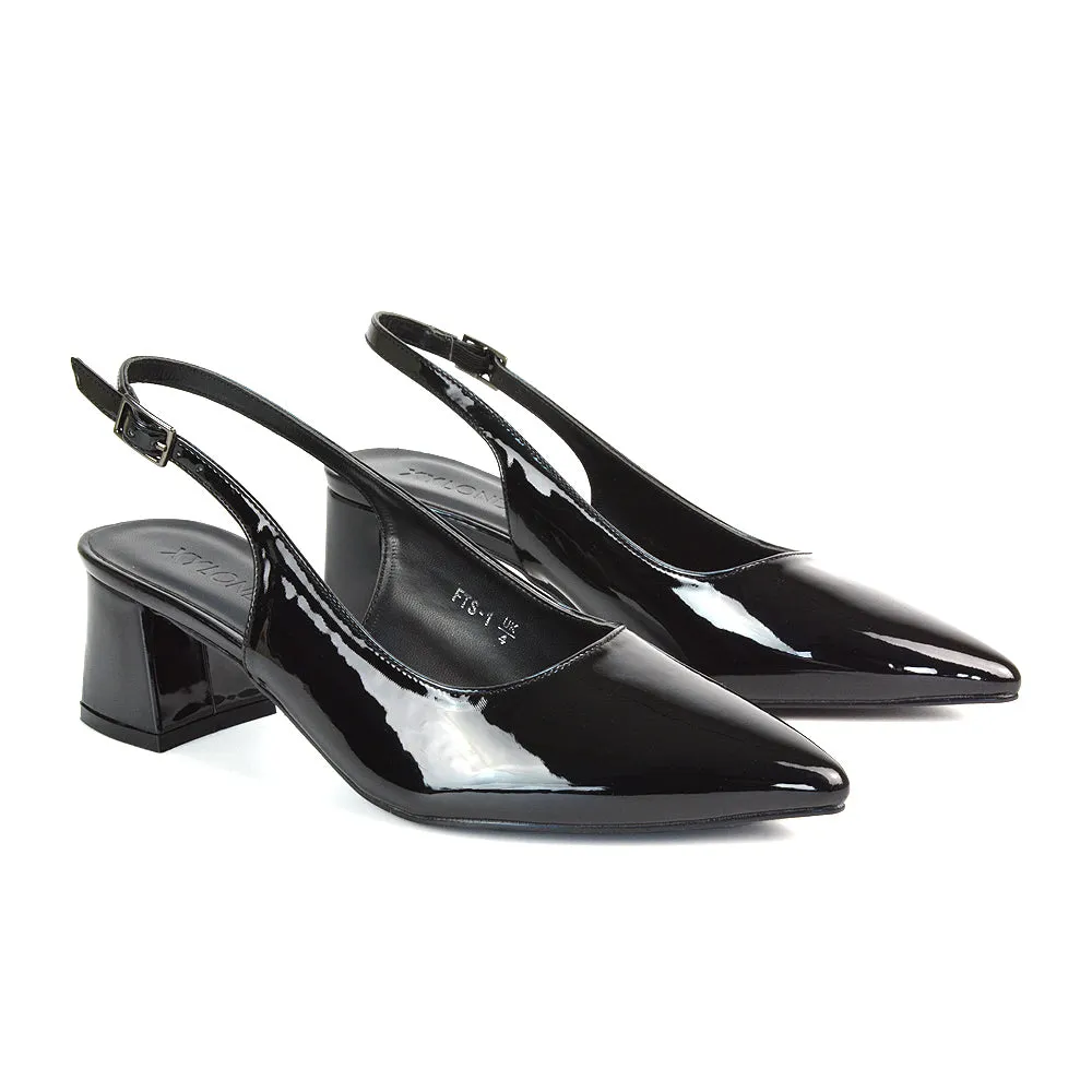 Devon Low Block Heel Slingback Pointed Toe Shoes in Black Faux Suede