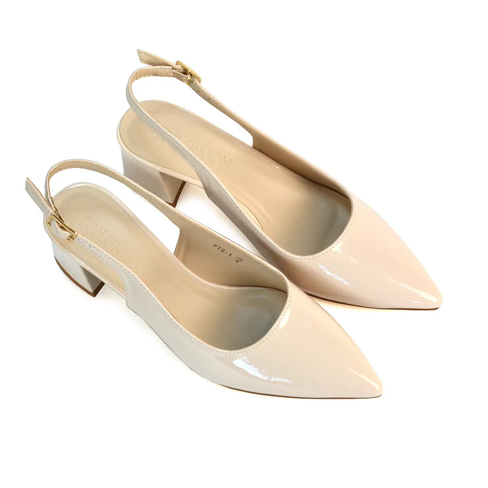 Devon Low Block Heel Slingback Pointed Toe Shoes in Black Faux Suede