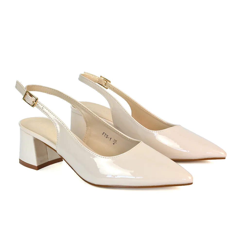 Devon Low Block Heel Slingback Pointed Toe Shoes in Black Faux Suede