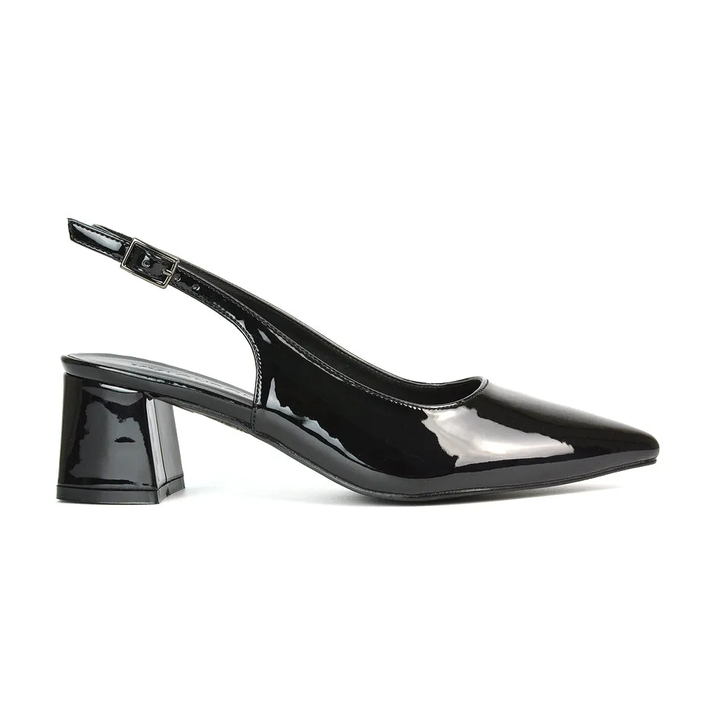 Devon Low Block Heel Slingback Pointed Toe Shoes in Black Faux Suede