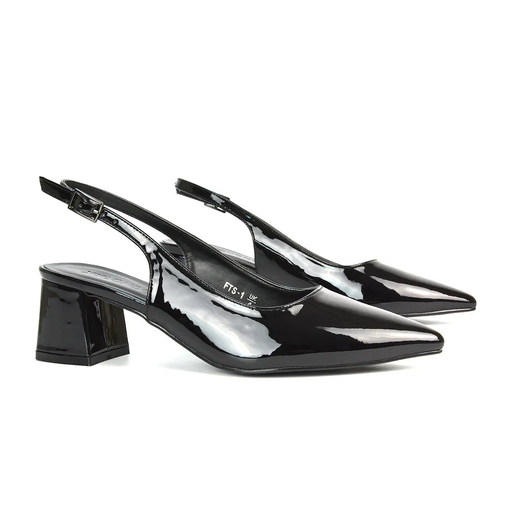 Devon Low Block Heel Slingback Pointed Toe Shoes in Black Faux Suede