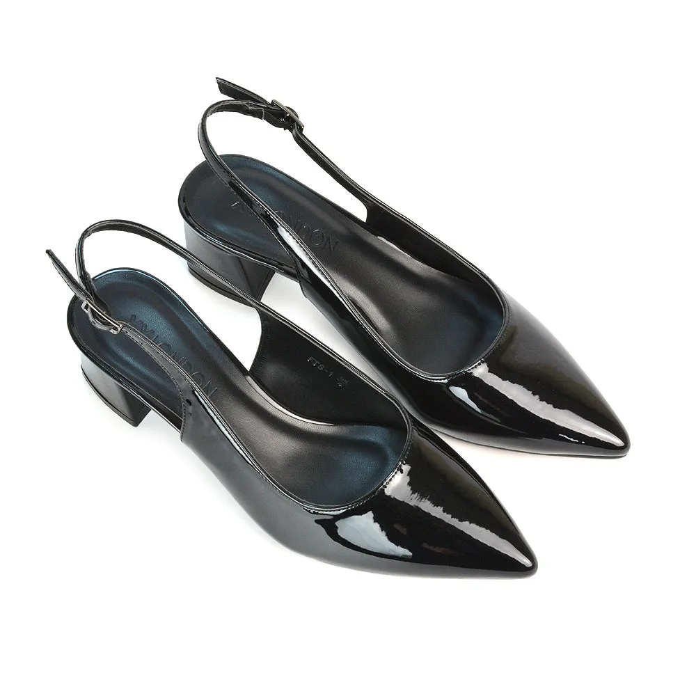 Devon Low Block Heel Slingback Pointed Toe Shoes in Black Faux Suede