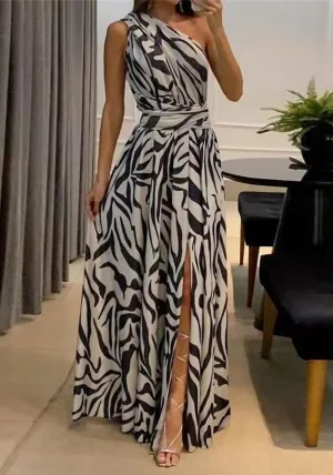 Elegant One-Shoulder Flowing Maxi Dress with Bold Zebra Print