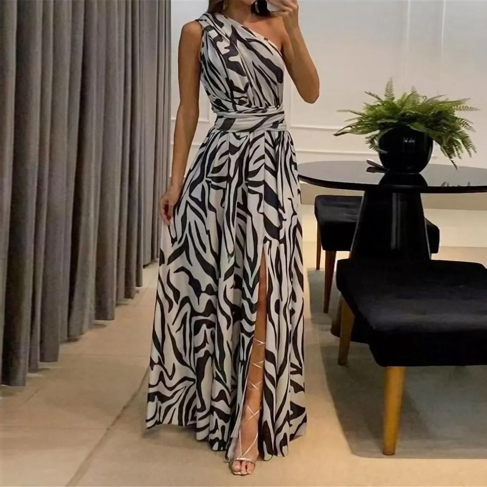 Elegant One-Shoulder Flowing Maxi Dress with Bold Zebra Print