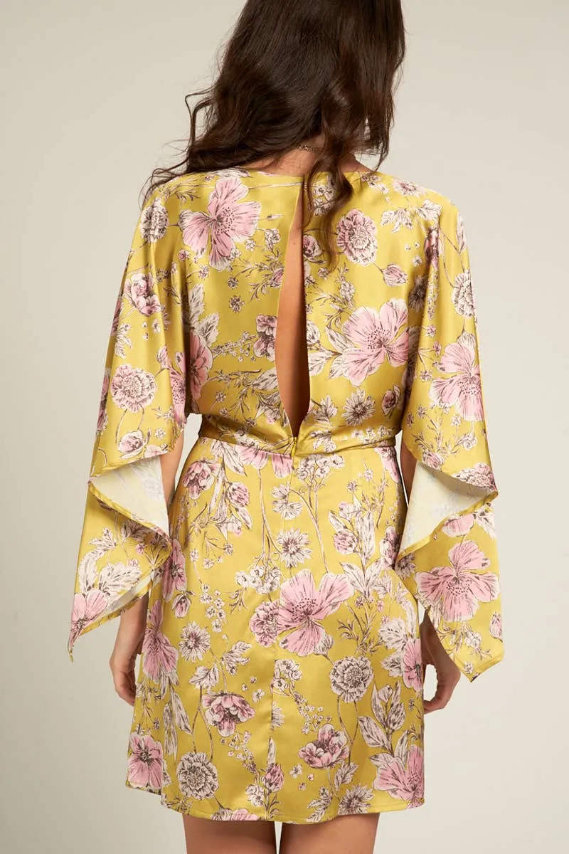 En Crème Dusty Lime Multi Cape Sleeve Floral Mini Dress