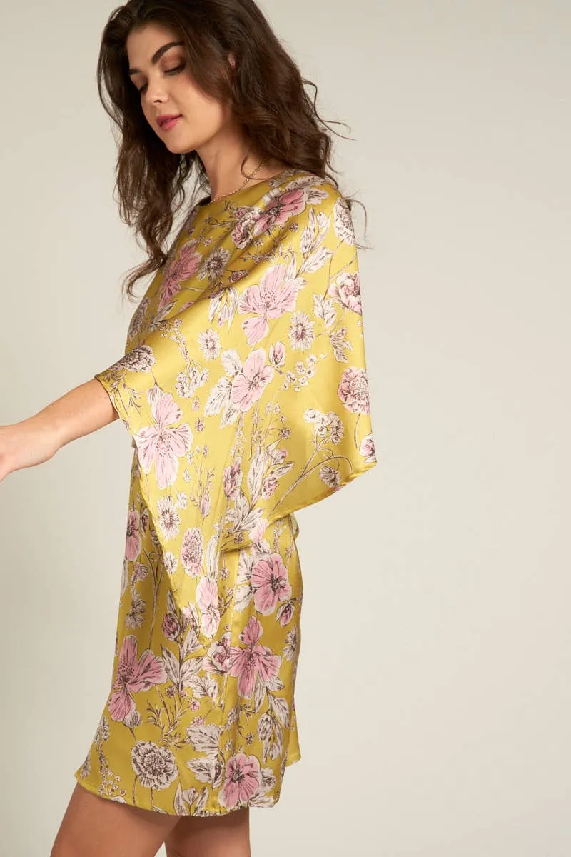 En Crème Dusty Lime Multi Cape Sleeve Floral Mini Dress
