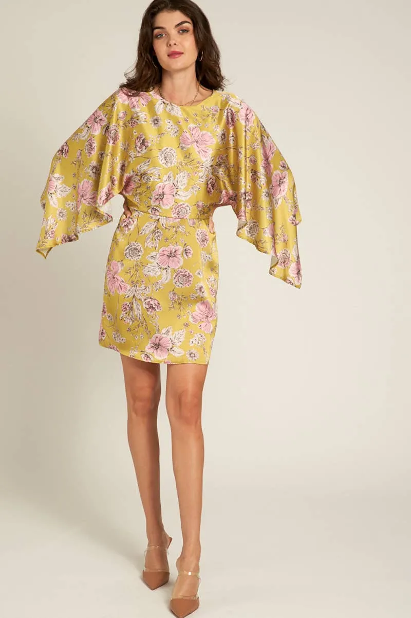 En Crème Dusty Lime Multi Cape Sleeve Floral Mini Dress