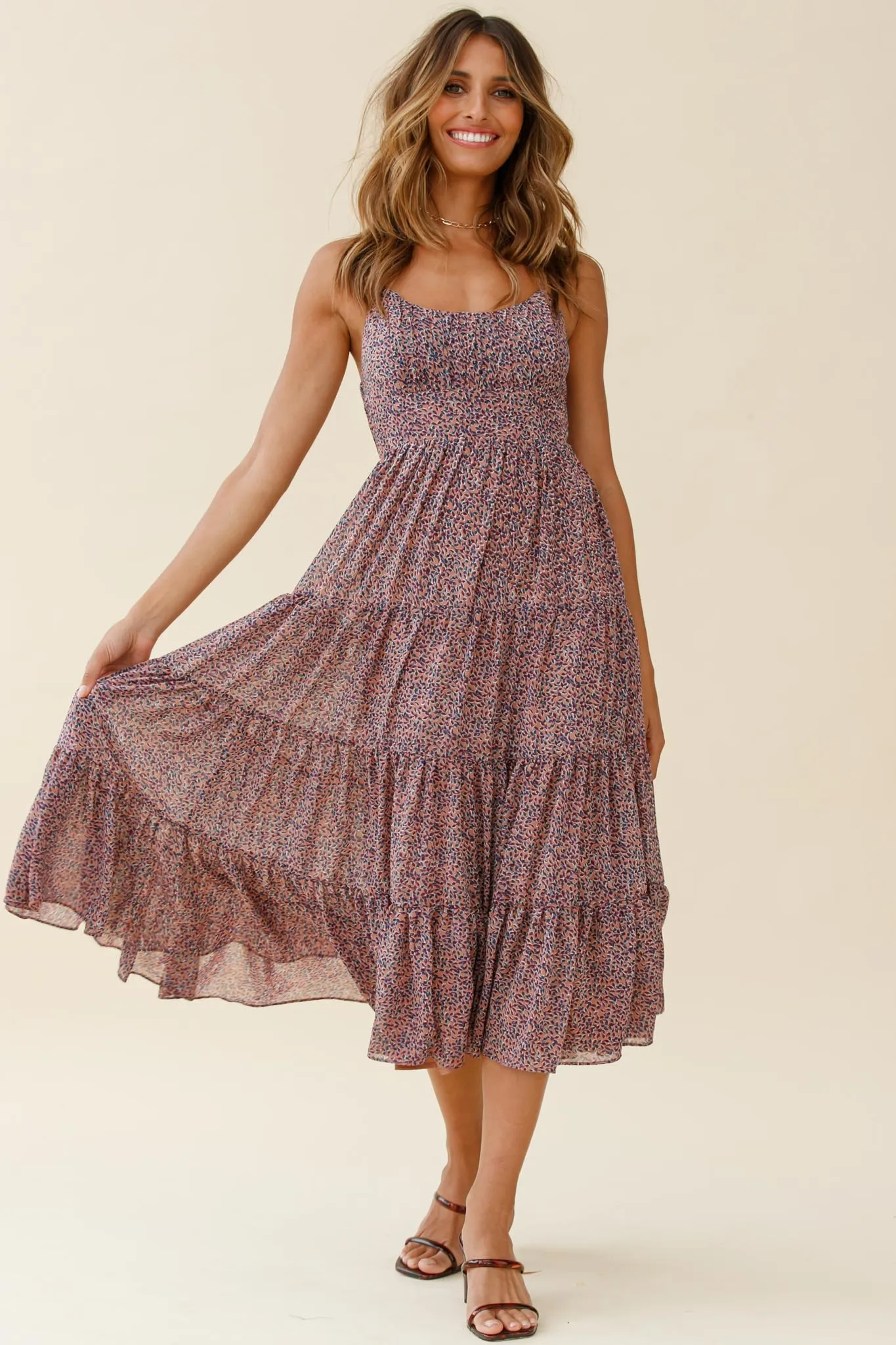 Eternal Sunshine Gathered Bust Midi Dress Leaf Print Purple Multi