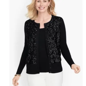 EUC Talbots Black Silk Cashmere Sequin Sweater Cardigan Size Medium